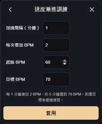 速度漸進設定範例:間隔一分鐘、每次增加二 BPM、起始六十、目標七十